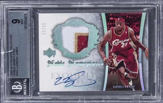 2005-06 UD "Exquisite Collection" Noble Nameplates #NNLJ LeBron James Signed Game Used Patch Card (#16/25) – BGS MINT 9/BGS 9